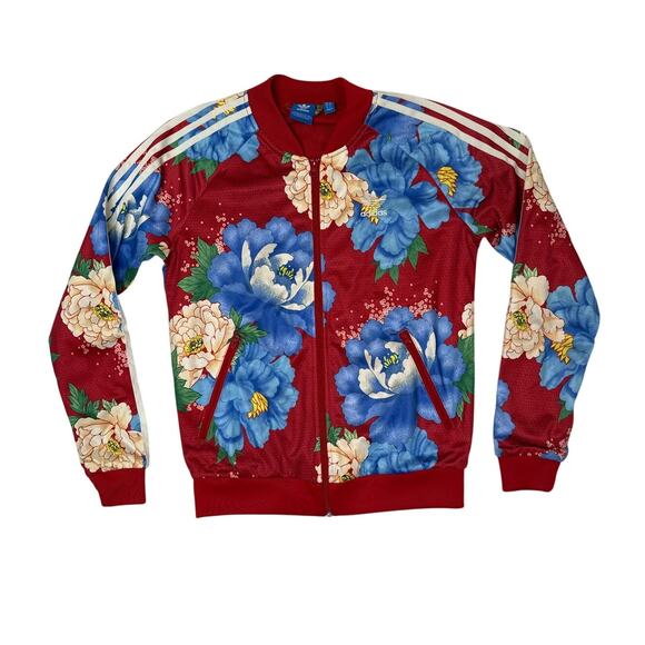 Adidas Logo Preppy Farm Rio Retro Floral Track Jacket Zip Up Chita Red S - Picture 1 of 5